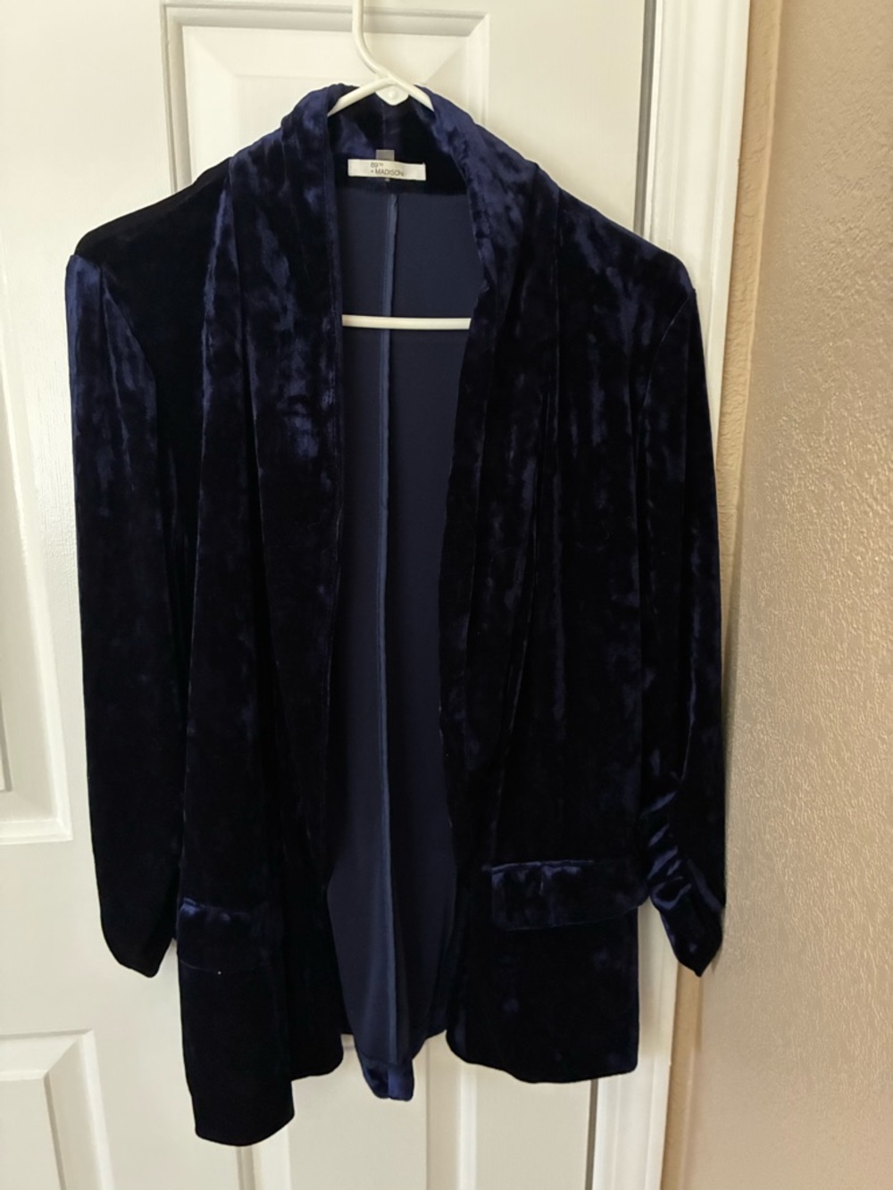 Madison Navy Velvet Open-Front Shawl Collar Jacket